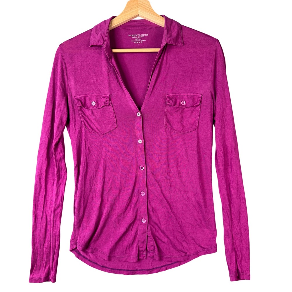 Majestic Filatures 100% Silk Hand Dyed Button Down Shirt Magenta Purple Size 1